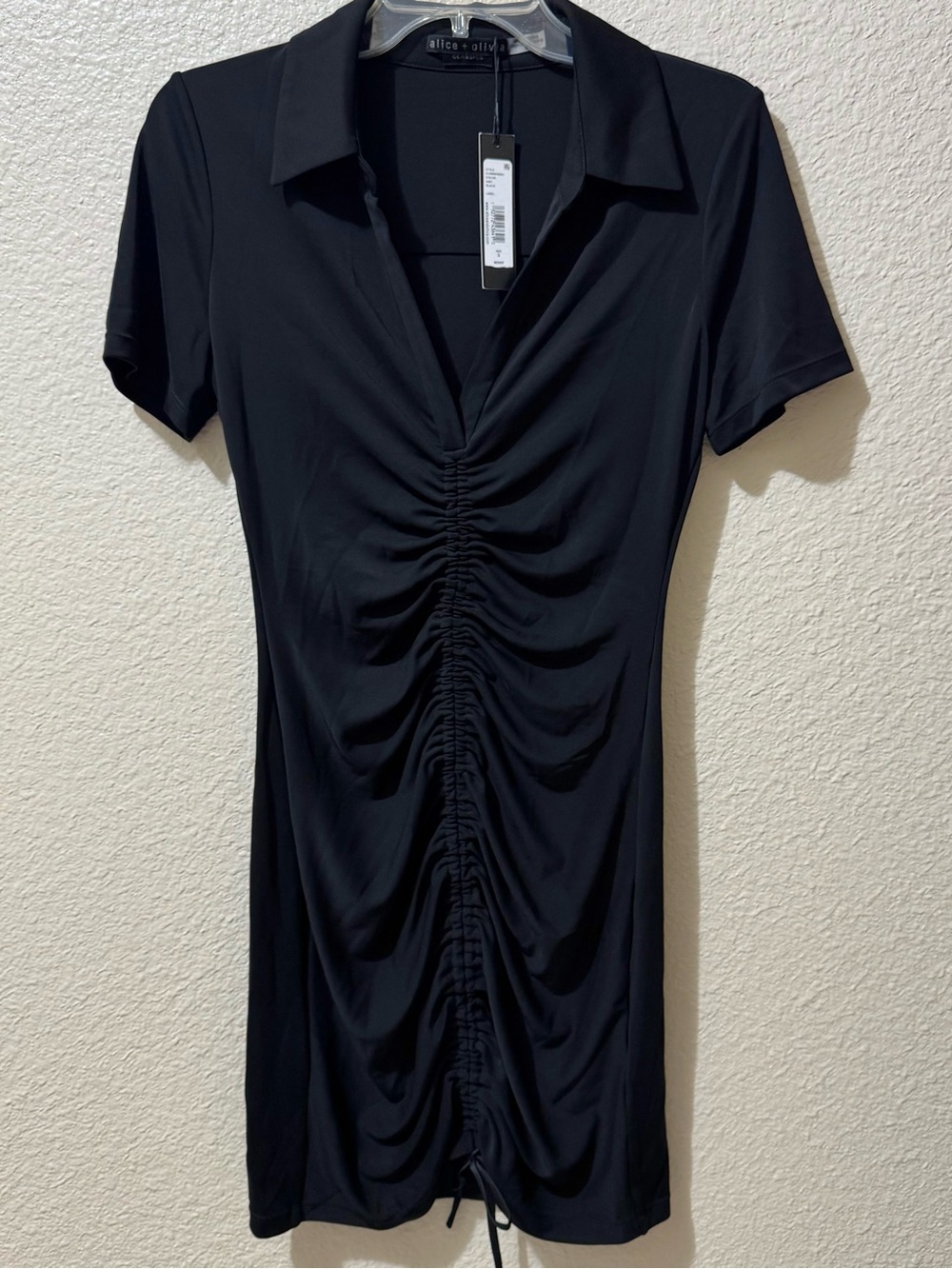 Alice + Olivia Black Ruched Short-Sleeve Polo Dress S